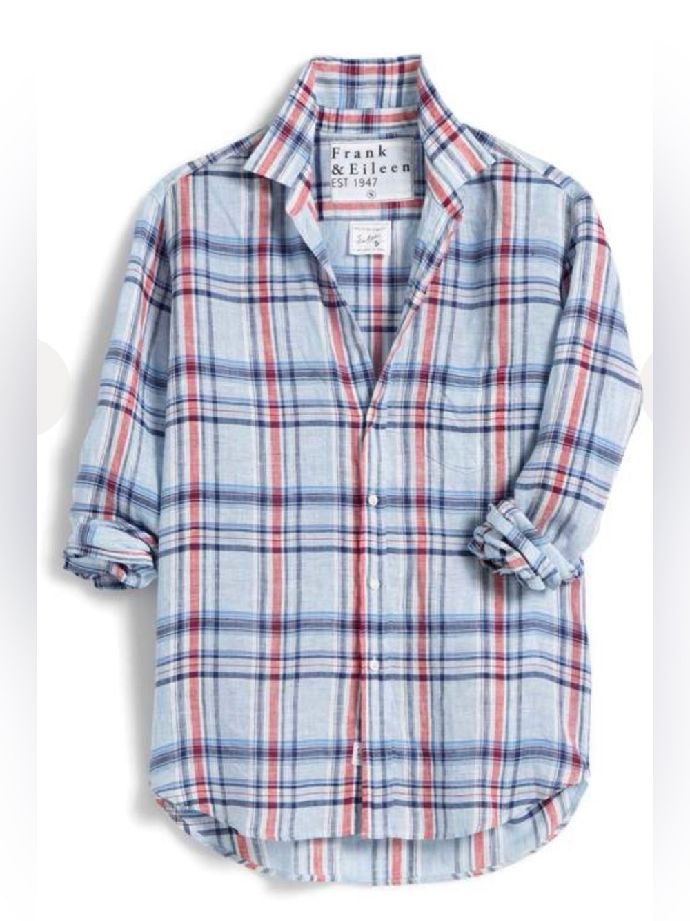 Frank & Eileen Relaxed Italian Linen Blue and Red Plaid Shirt Size M